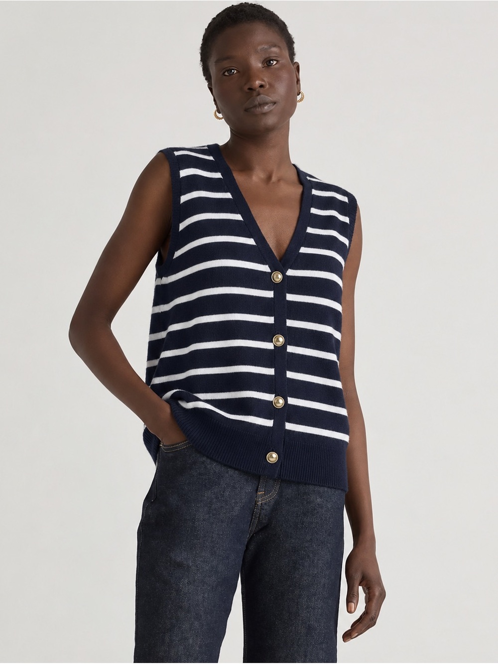 Free Assembly Women’s 2XL Navy White Striped Gold Button Sweater Vest